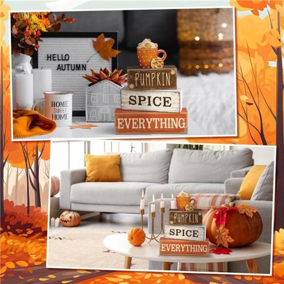 4 Pcs Fall Wooden Tabletop Decor‎ - Rustic Hello Fall Cup & Tiered Tray Signs - Picture 5 of 7